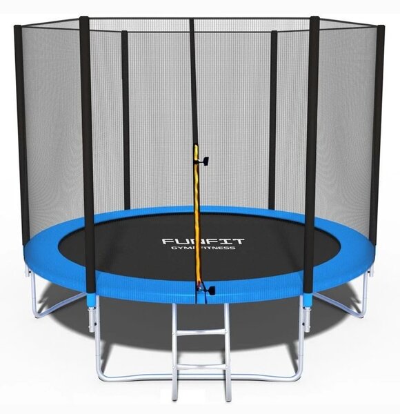 Trambulina cu plasa si scara acces, diametru 252 cm, maxim 120 kg, picioare duble in U, albastra