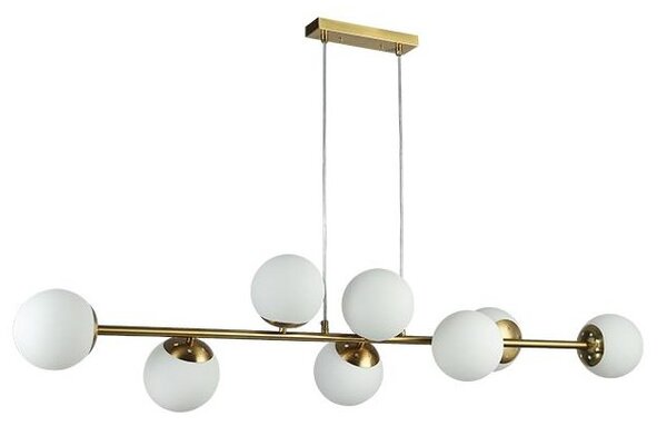 Lustra LED suspendata, model Bali, 8 becuri, baza 20x5 cm, 35W, metal si sticla, IP20, alb/auriu