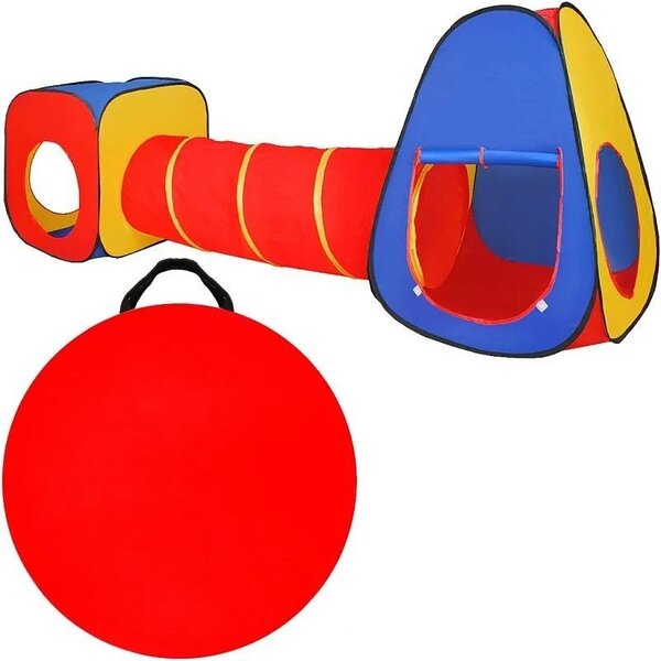 Cort de joaca pentru copii, 3 in 1, pliabil, tunel legatura, 300x80x86 cm, poliester, geanta transport
