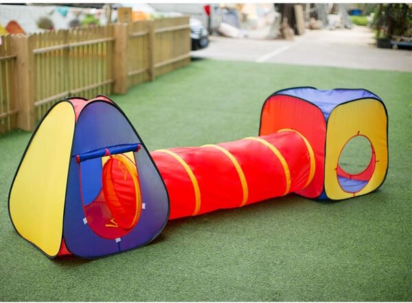 Cort de joaca pentru copii, 3 in 1, pliabil, tunel legatura, 300x80x86 cm, poliester, geanta transport