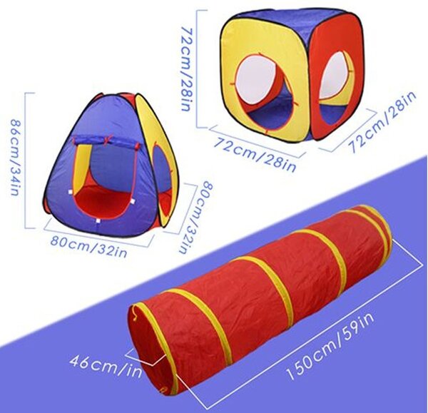 Cort de joaca pentru copii, 3 in 1, pliabil, tunel legatura, 300x80x86 cm, poliester, geanta transport