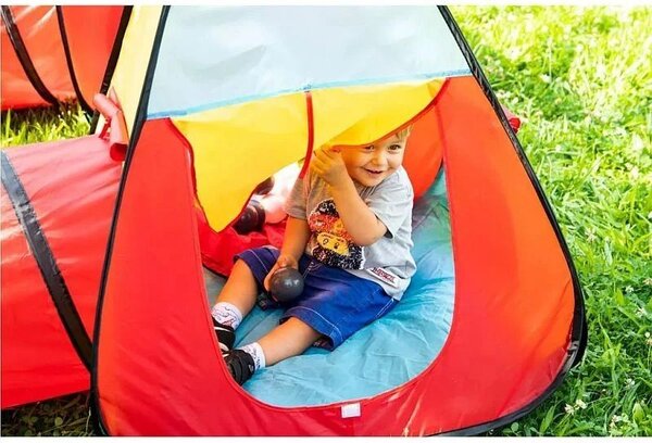 Cort de joaca pentru copii, 3 in 1, pliabil, tunel legatura, 300x80x86 cm, poliester, geanta transport