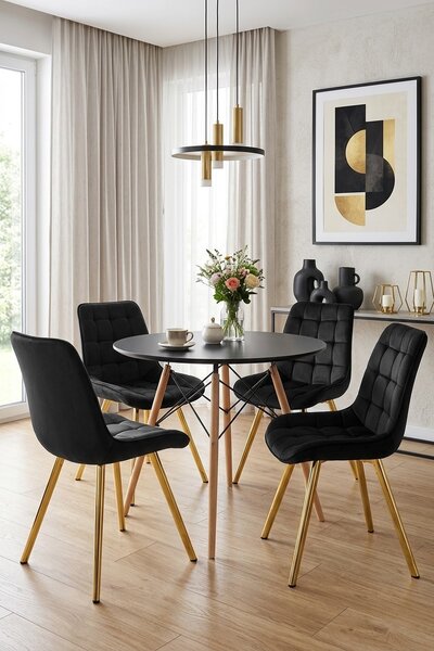 Scaun de dining SORIA VELVET cu picioare aurii, negru