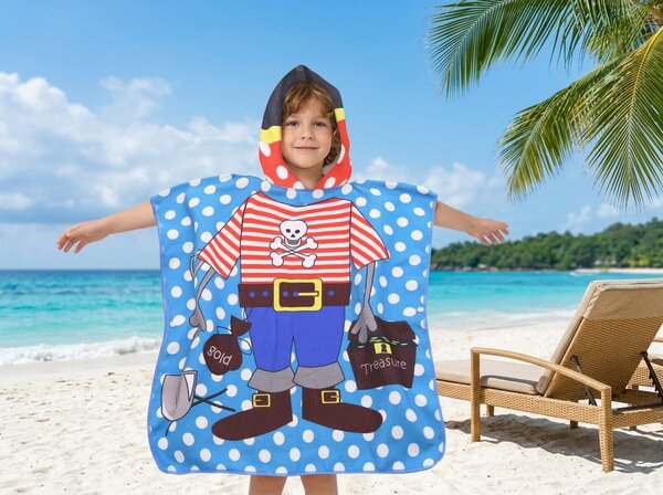 Poncho pentru copii PIRAT SI COMOARA albastru Dimensiune: 60 x 120 cm