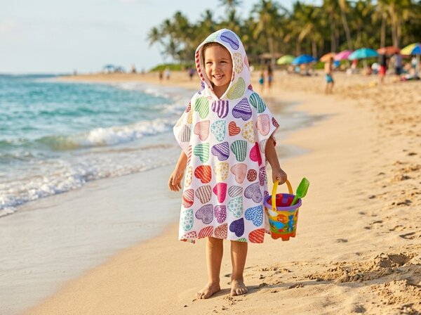 Poncho pentru copii INIMIOARE colorate Dimensiune: 60 x 120 cm