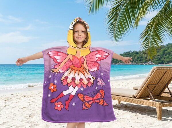 Poncho pentru copii ZANA SI FLUTURE violet Dimensiune: 60 x 120 cm