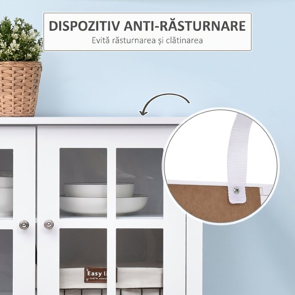 HOMCOM Servantă de Bucătărie Modernă cu 2 Uși din Sticlă Securizată, Raft Reglabil, 80 x 28 x 84 cm, Alb | Aosom Romania