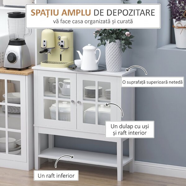 HOMCOM Servantă de Bucătărie Modernă cu 2 Uși din Sticlă Securizată, Raft Reglabil, 80 x 28 x 84 cm, Alb | Aosom Romania