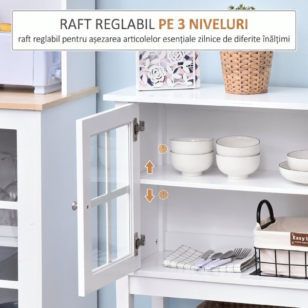 HOMCOM Servantă de Bucătărie Modernă cu 2 Uși din Sticlă Securizată, Raft Reglabil, 80 x 28 x 84 cm, Alb | Aosom Romania