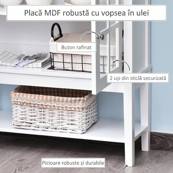 HOMCOM Servantă de Bucătărie Modernă cu 2 Uși din Sticlă Securizată, Raft Reglabil, 80 x 28 x 84 cm, Alb | Aosom Romania