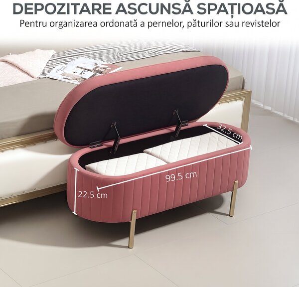 HOMCOM Bancă ovală cu spațiu de depozitare 72 L, cu capac rabatabil, din catifea și lemn, 108 x 44 x 43,5 cm, roz | Aosom Romania
