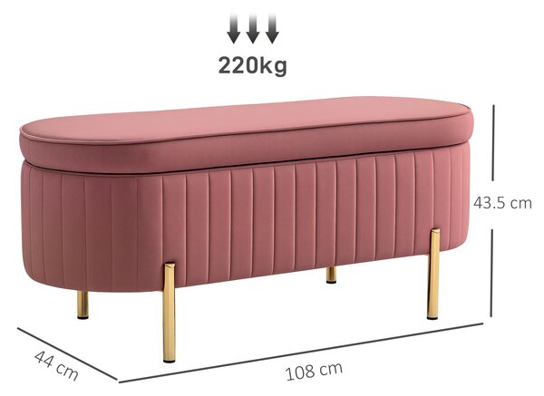 HOMCOM Bancă ovală cu spațiu de depozitare 72 L, cu capac rabatabil, din catifea și lemn, 108 x 44 x 43,5 cm, roz | Aosom Romania