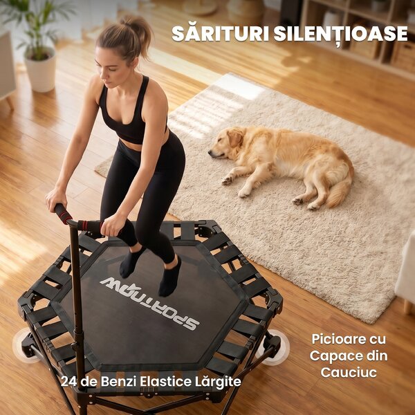 SPORTNOW Trambulină Fitness pentru Adulți Ø104 cm, Pliabilă, cu Sistem de Deschidere și Închidere dintr-o Singură Mișcare, Mâner Reglabil și 24 Corzi Elastice, Negru | Aosom Romania