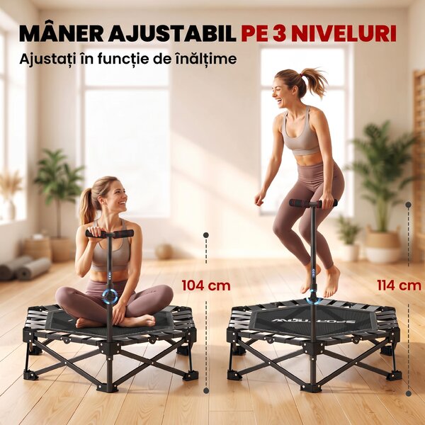 SPORTNOW Trambulină Fitness pentru Adulți Ø104 cm, Pliabilă, cu Sistem de Deschidere și Închidere dintr-o Singură Mișcare, Mâner Reglabil și 24 Corzi Elastice, Negru | Aosom Romania