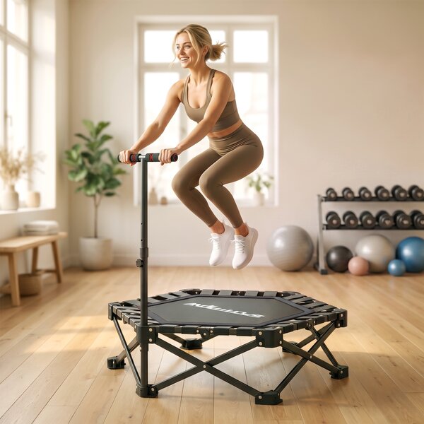 SPORTNOW Trambulină Fitness pentru Adulți Ø104 cm, Pliabilă, cu Sistem de Deschidere și Închidere dintr-o Singură Mișcare, Mâner Reglabil și 24 Corzi Elastice, Negru | Aosom Romania