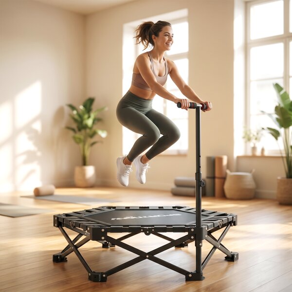 SPORTNOW Trambulină Fitness pentru Adulți Ø104 cm, Pliabilă, cu Sistem de Deschidere și Închidere dintr-o Singură Mișcare, Mâner Reglabil și 24 Corzi Elastice, Negru | Aosom Romania