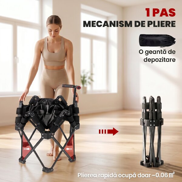 SPORTNOW Trambulină Fitness pentru Adulți Ø104 cm, Pliabilă, cu Sistem de Deschidere și Închidere dintr-o Singură Mișcare, Mâner Reglabil și 24 Corzi Elastice, Negru | Aosom Romania