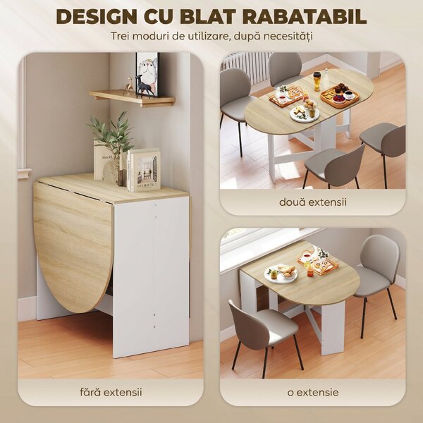 HOMCOM Masă Pliabil Con 2 Extensii Oval Economizor de Spațiu, Color Lemn | Aosom Romania