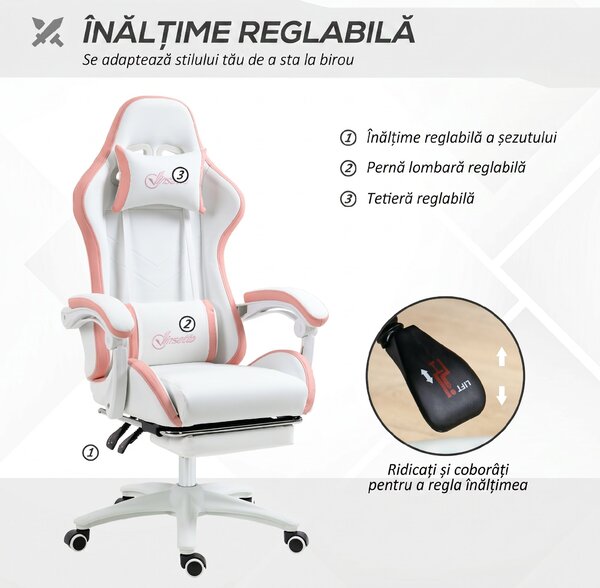Vinsetto Scaun Da Gaming Ad Altezza Reglabil Piele Pu E Oțel Alb Roz | Aosom Romania