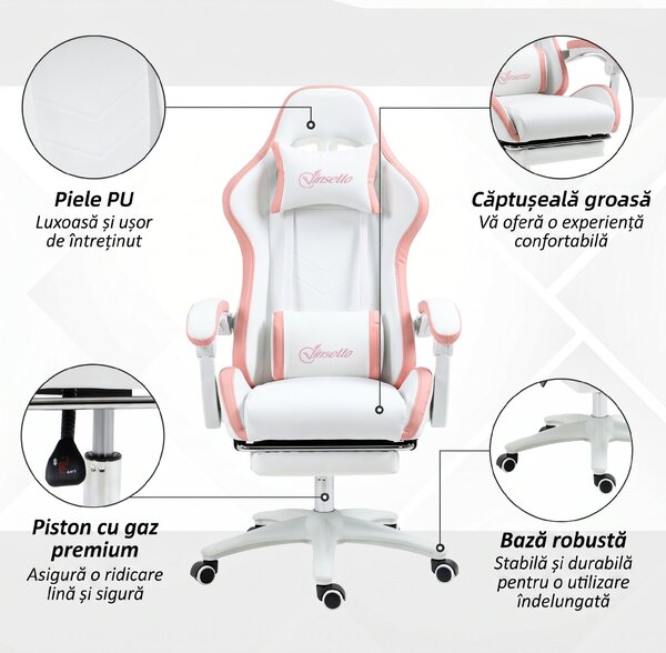 Vinsetto Scaun Da Gaming Ad Altezza Reglabil Piele Pu E Oțel Alb Roz | Aosom Romania