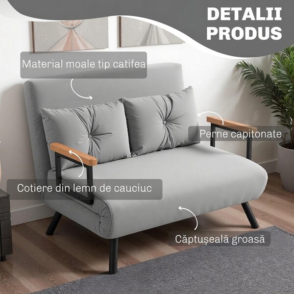 HOMCOM Canapea Extensibilă Cu Aspect Catifelat și Spătar Reglabil, Gri Deschis | Aosom Romania