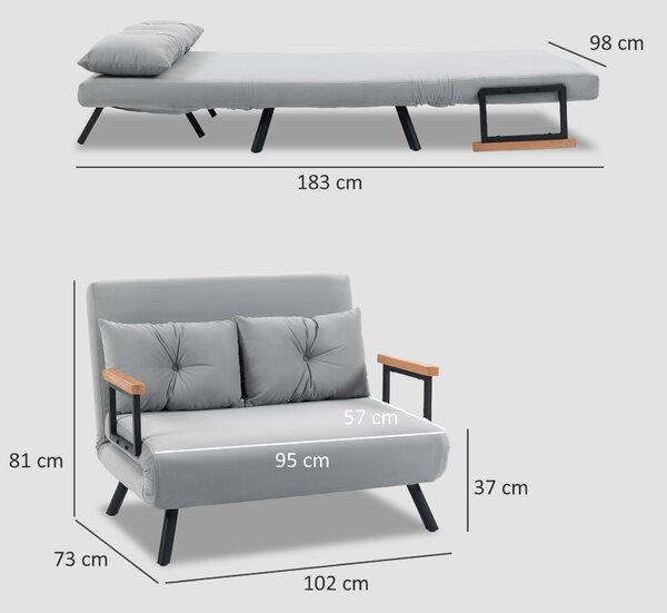 HOMCOM Canapea Extensibilă Cu Aspect Catifelat și Spătar Reglabil, Gri Deschis | Aosom Romania