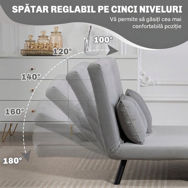 HOMCOM Canapea Extensibilă Cu Aspect Catifelat și Spătar Reglabil, Gri Deschis | Aosom Romania