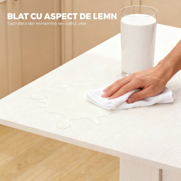 HOMCOM Masă de Dining Extensibilă pentru 4-6 Persoane din PAL și Oțel, 140 x 80 x 77,5 cm, Alb cu Efect de Lemn | Aosom Romania