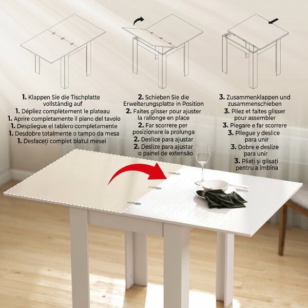 HOMCOM Masă de Dining Extensibilă pentru 4-6 Persoane din PAL și Oțel, 140 x 80 x 77,5 cm, Alb cu Efect de Lemn | Aosom Romania