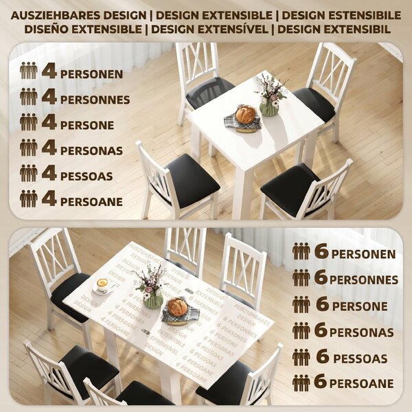 HOMCOM Masă de Dining Extensibilă pentru 4-6 Persoane din PAL și Oțel, 140 x 80 x 77,5 cm, Alb cu Efect de Lemn | Aosom Romania