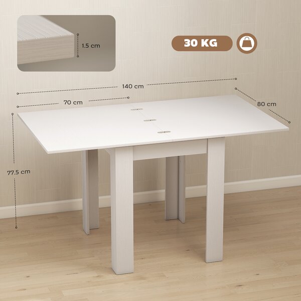 HOMCOM Masă de Dining Extensibilă pentru 4-6 Persoane din PAL și Oțel, 140 x 80 x 77,5 cm, Alb cu Efect de Lemn | Aosom Romania