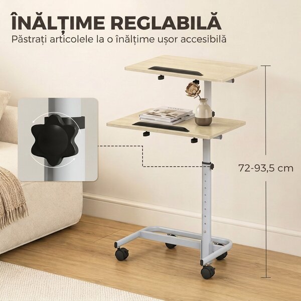 HOMCOM Măsuță pentru Laptop cu Înălțime Reglabilă, 4 Roți, Lemn și Metal, 60 x 40 x 72-93,5 cm, Stejar | Aosom Romania