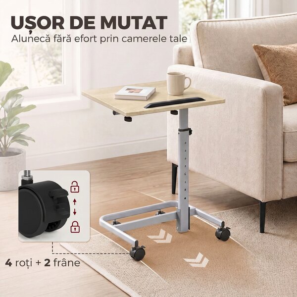 HOMCOM Măsuță pentru Laptop cu Înălțime Reglabilă, 4 Roți, Lemn și Metal, 60 x 40 x 72-93,5 cm, Stejar | Aosom Romania