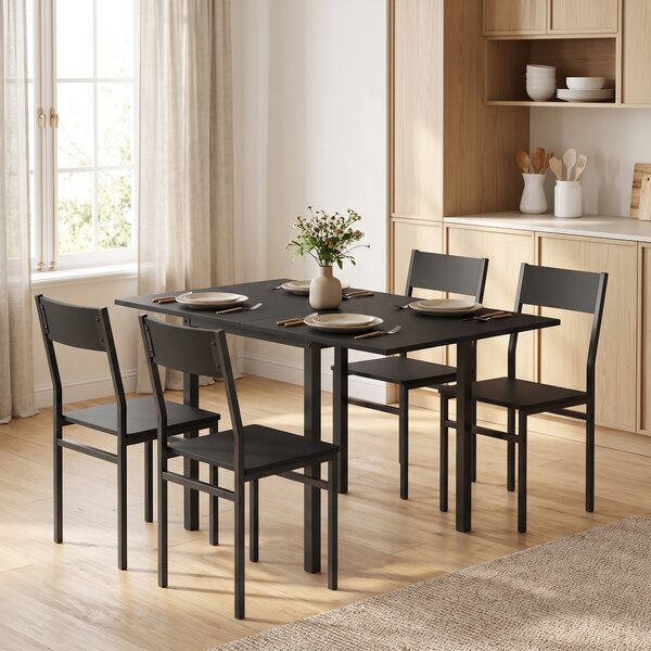HOMCOM Set Masă și Scaune Dining 5 Piese Extensibil cu MDF și Metal, 80-120 cm, 4 Scaune Stivuibile, Negru | Aosom Romania