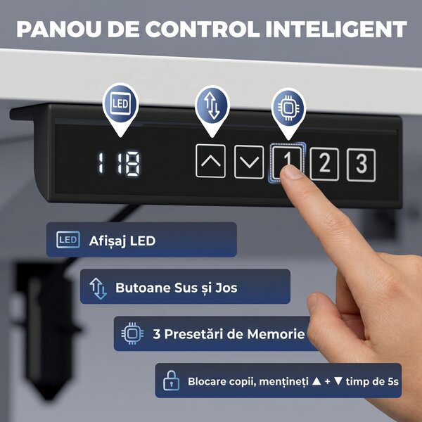 HOMCOM Birou Reglabil pe Înălțime cu 3 Memorii, Display LED, Orificiu Cabluri, PAL,120 x 60 x 72-118 Cm, Alb | Aosom Romania