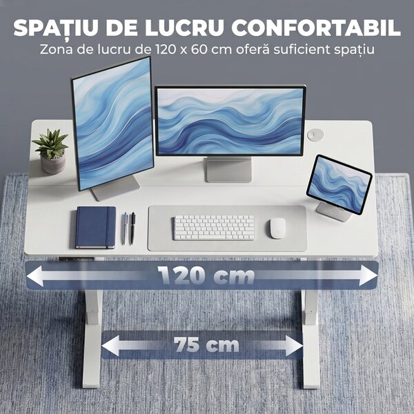 HOMCOM Birou Reglabil pe Înălțime cu 3 Memorii, Display LED, Orificiu Cabluri, PAL,120 x 60 x 72-118 Cm, Alb | Aosom Romania