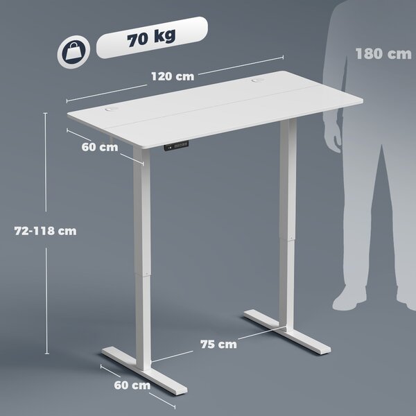 HOMCOM Birou Reglabil pe Înălțime cu 3 Memorii, Display LED, Orificiu Cabluri, PAL,120 x 60 x 72-118 Cm, Alb | Aosom Romania