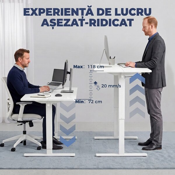 HOMCOM Birou Reglabil pe Înălțime cu 3 Memorii, Display LED, Orificiu Cabluri, PAL,120 x 60 x 72-118 Cm, Alb | Aosom Romania