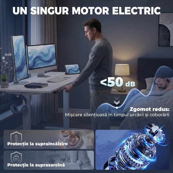 HOMCOM Birou Reglabil pe Înălțime cu 3 Memorii, Display LED, Orificiu Cabluri, PAL,120 x 60 x 72-118 Cm, Alb | Aosom Romania