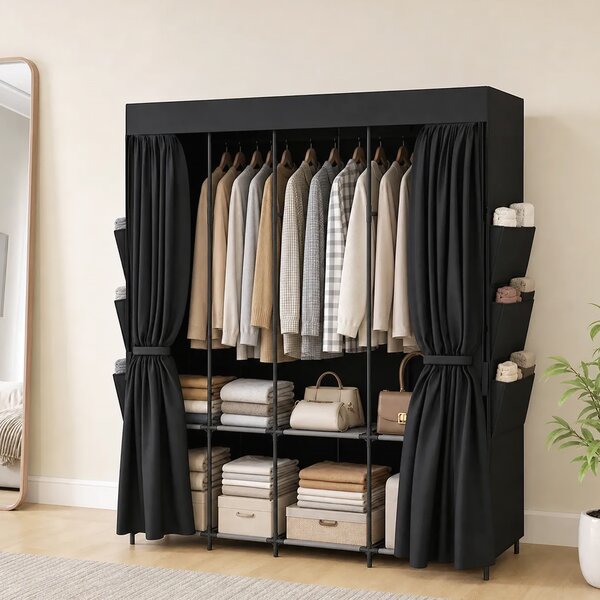 HOMCOM Garderobă Textilă cu 3 Bare și 3 Rafturi, Oțel și Material Netesut, 130 x 45 x 167 Cm, Negru | Aosom Romania