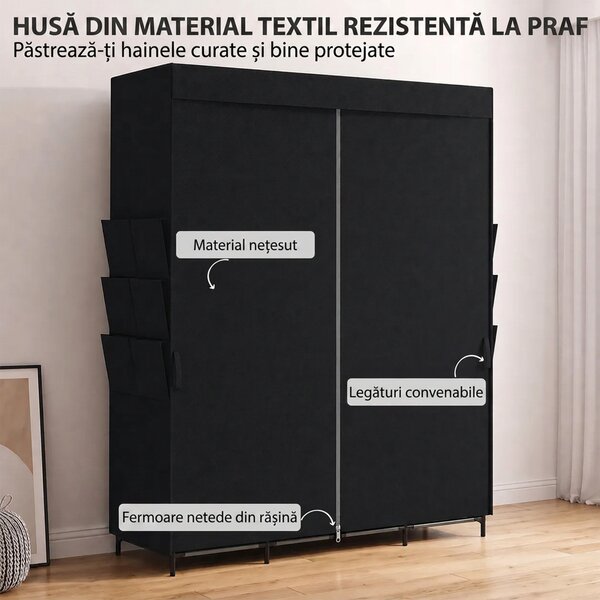 HOMCOM Garderobă Textilă cu 3 Bare și 3 Rafturi, Oțel și Material Netesut, 130 x 45 x 167 Cm, Negru | Aosom Romania