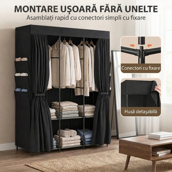 HOMCOM Garderobă Textilă cu 3 Bare și 3 Rafturi, Oțel și Material Netesut, 130 x 45 x 167 Cm, Negru | Aosom Romania