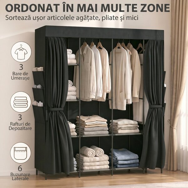 HOMCOM Garderobă Textilă cu 3 Bare și 3 Rafturi, Oțel și Material Netesut, 130 x 45 x 167 Cm, Negru | Aosom Romania