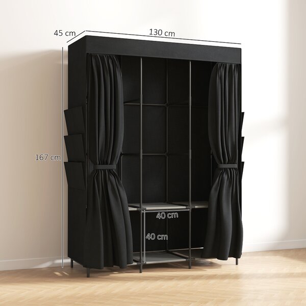 HOMCOM Garderobă Textilă cu 3 Bare și 3 Rafturi, Oțel și Material Netesut, 130 x 45 x 167 Cm, Negru | Aosom Romania