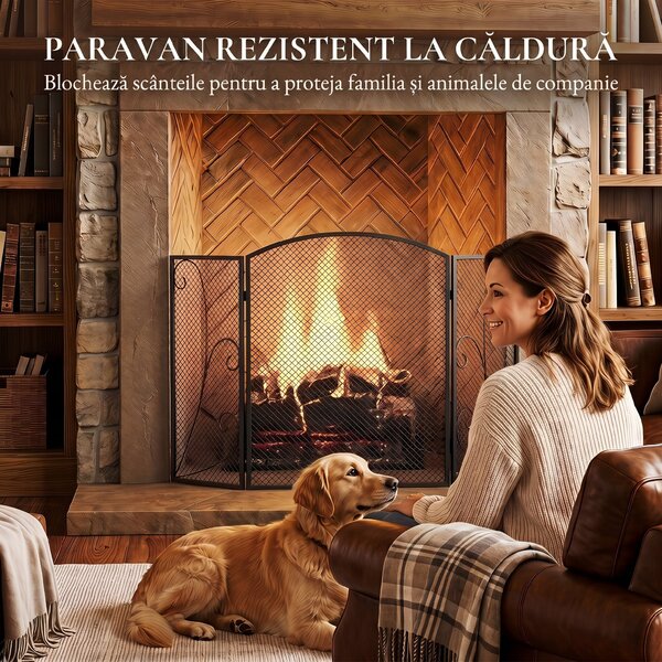 HOMCOM Parascântei Șemineu Pliabil 3 Panouri Metal Electrostatic, Gata Utilizare, 133x1x77cm, Negru | Aosom Romania
