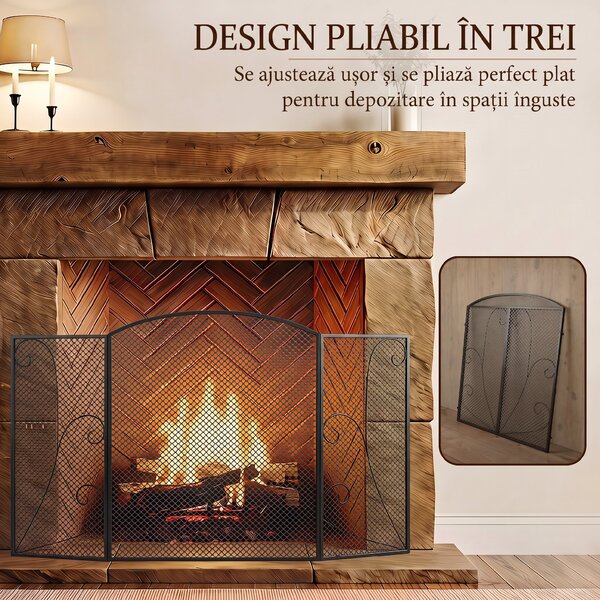 HOMCOM Parascântei Șemineu Pliabil 3 Panouri Metal Electrostatic, Gata Utilizare, 133x1x77cm, Negru | Aosom Romania