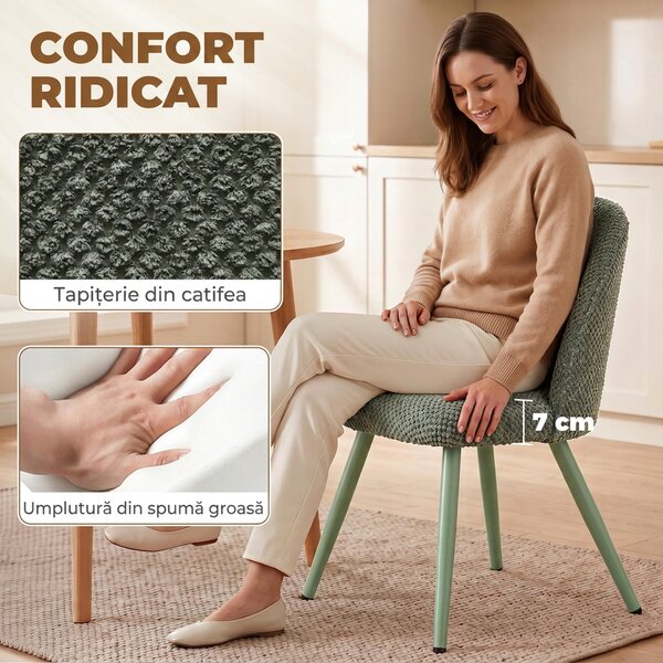 HOMCOM Set 2 Scaune pentru Dining din Catifea cu Șezut Tapițat, Verde Închis | Aosom Romania