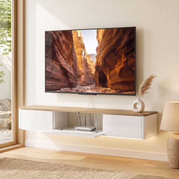 HOMCOM Comodă Tv Suspendată Până la 65", cu 2 Sertare, Dulap, Iluminare Led Rgb și Priză Integrată, Alb și Aspect Lemn | Aosom Romania