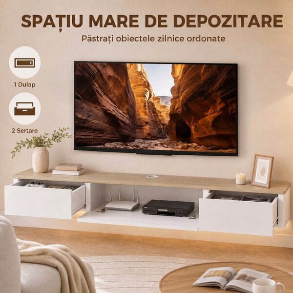 HOMCOM Comodă Tv Suspendată Până la 65", cu 2 Sertare, Dulap, Iluminare Led Rgb și Priză Integrată, Alb și Aspect Lemn | Aosom Romania