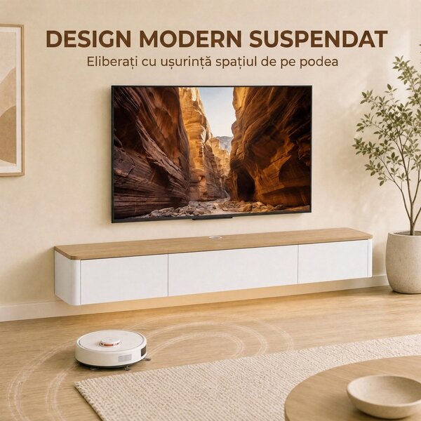 HOMCOM Comodă Tv Suspendată Până la 65", cu 2 Sertare, Dulap, Iluminare Led Rgb și Priză Integrată, Alb și Aspect Lemn | Aosom Romania